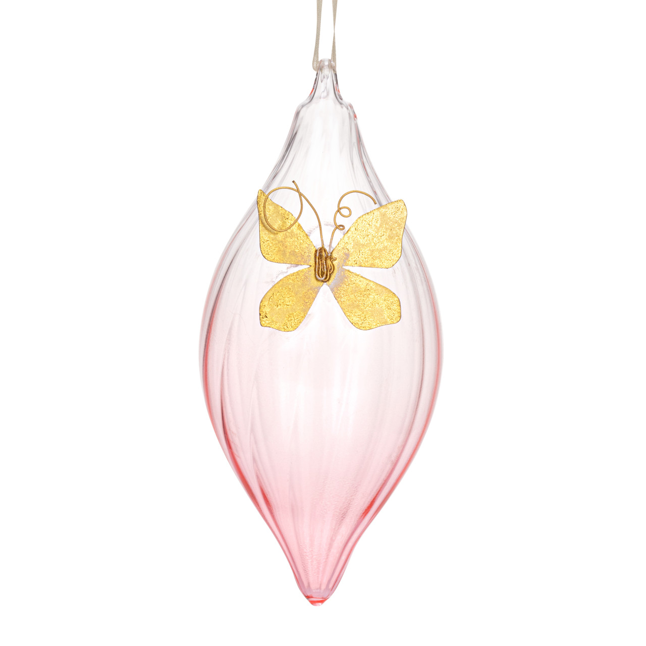 Light Pink Milk Glass Ornament with Butterfly Charm - 3x7in thumbnail