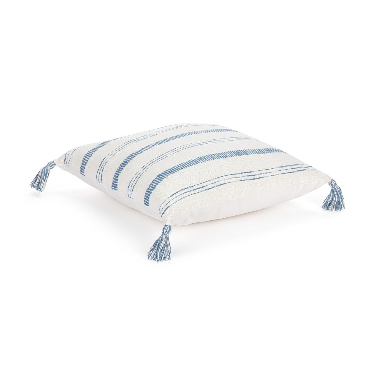 White with Blue Stripe Tassel Square Pillow - 18in thumbnail