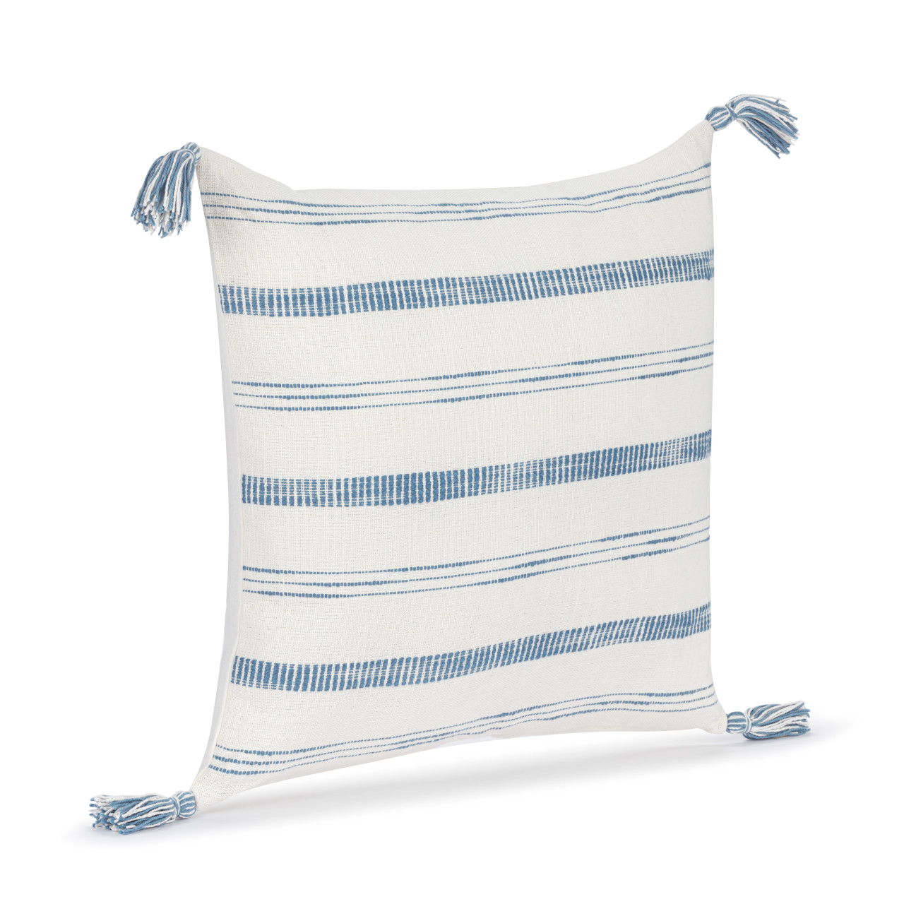 White with Blue Stripe Tassel Square Pillow - 18in thumbnail