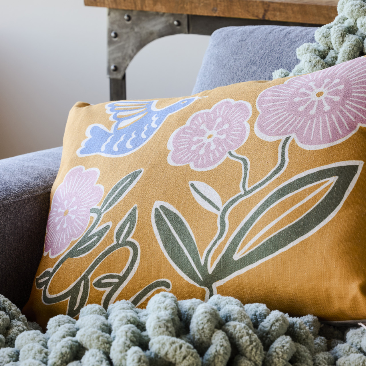 Yellow Floral with Blue Bird Accent Pillow - 18x14in thumbnail