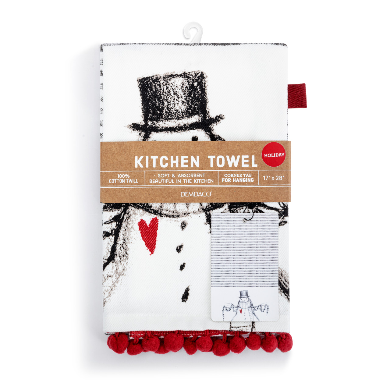 Snowman Red Heart Cotton Twill Kitchen Towel - 17x28in thumbnail