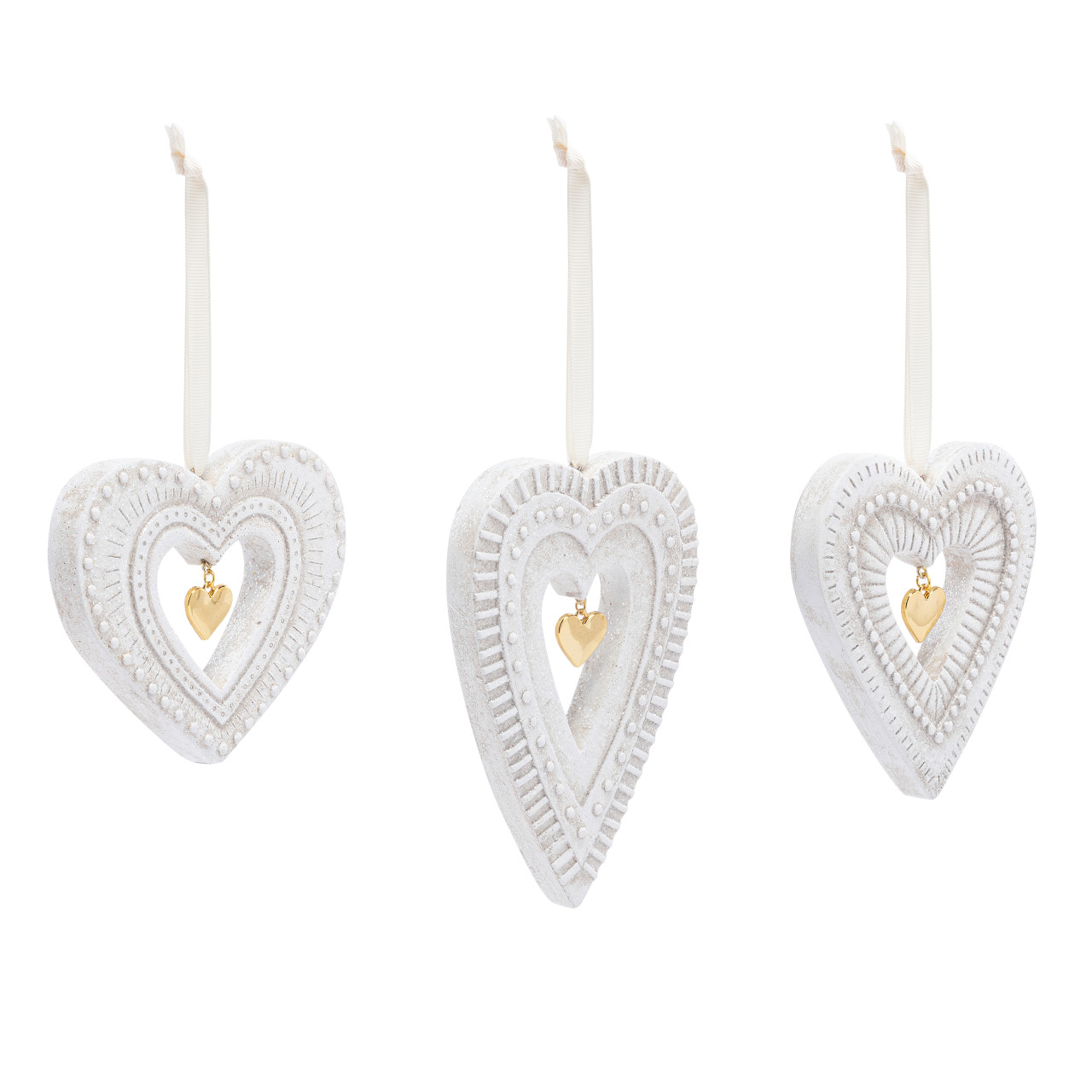 Heart with Gold Charm Paper Pulp Ornaments - Set of 3 thumbnail