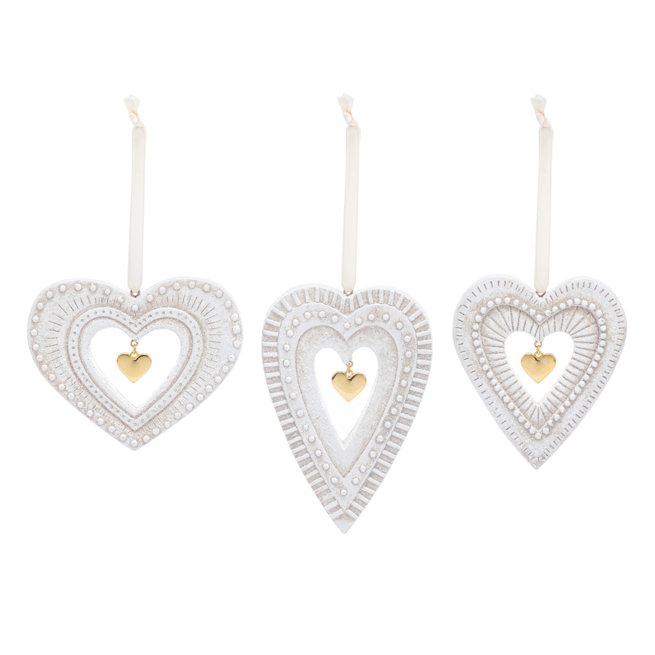Heart with Gold Charm Paper Pulp Ornaments - Set of 3 thumbnail