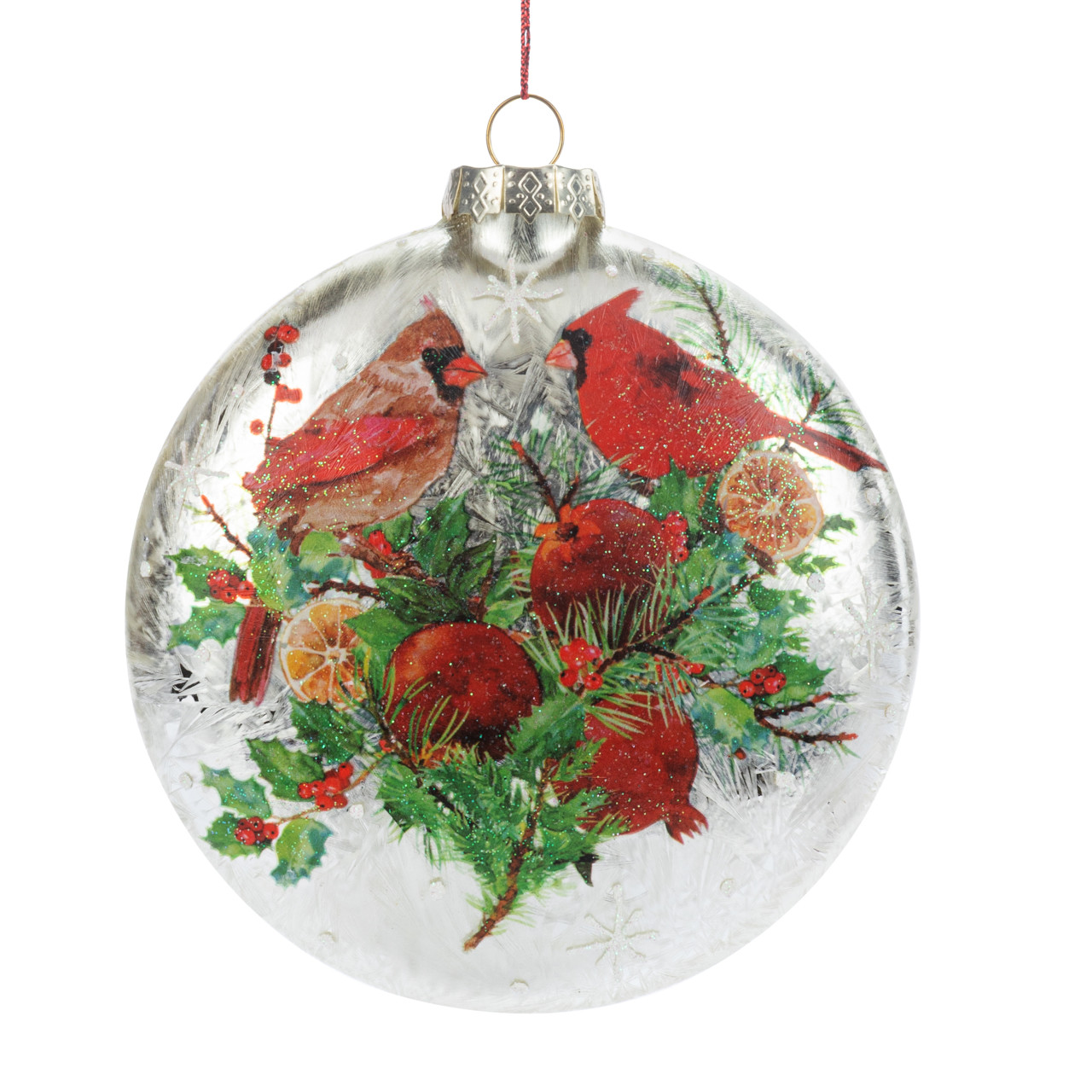 Round Sparkly Cardinal with Pomegranates Disc Ornament - 5x5in thumbnail