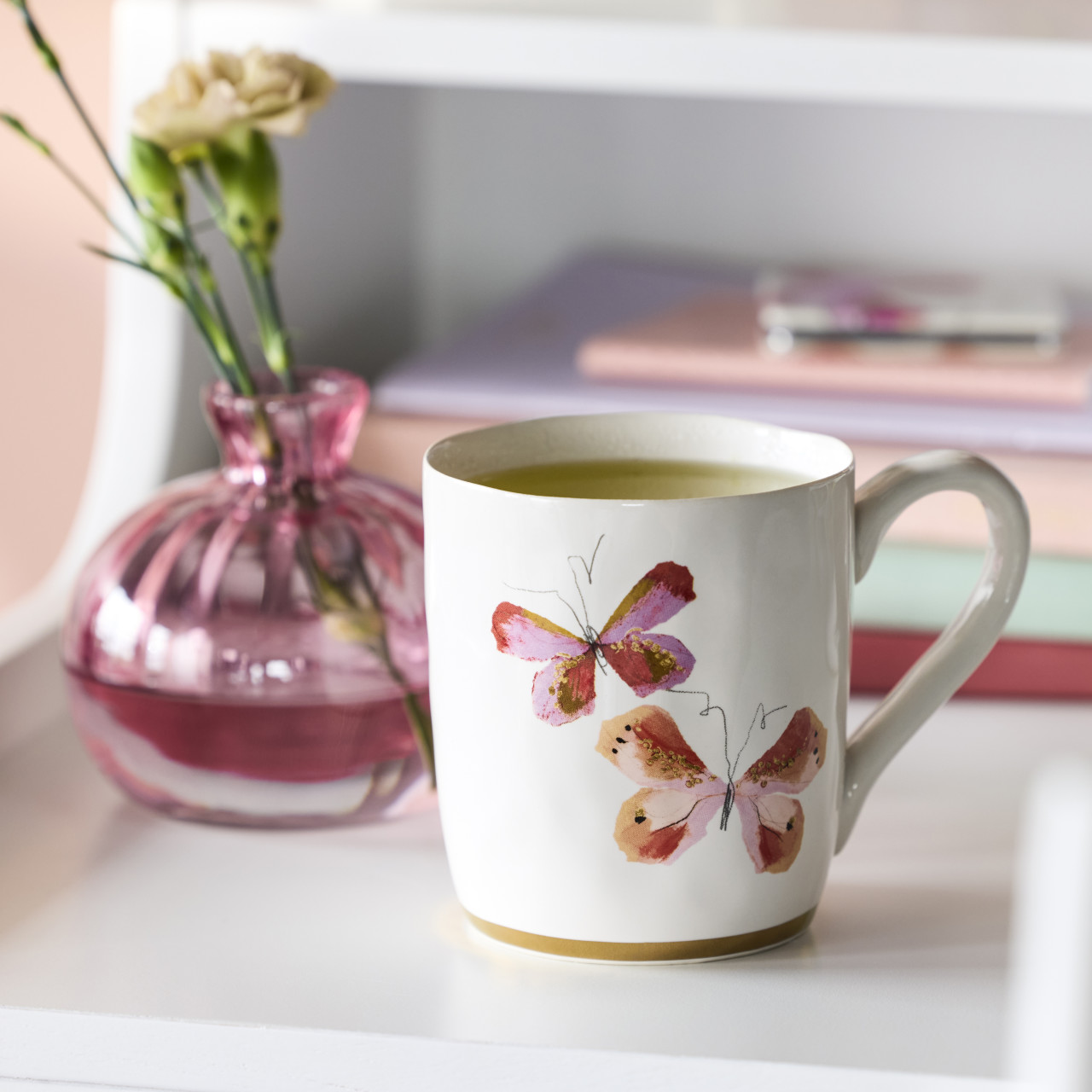 Pink Duo Butterfly White Mug with Gold Trim - 14oz thumbnail