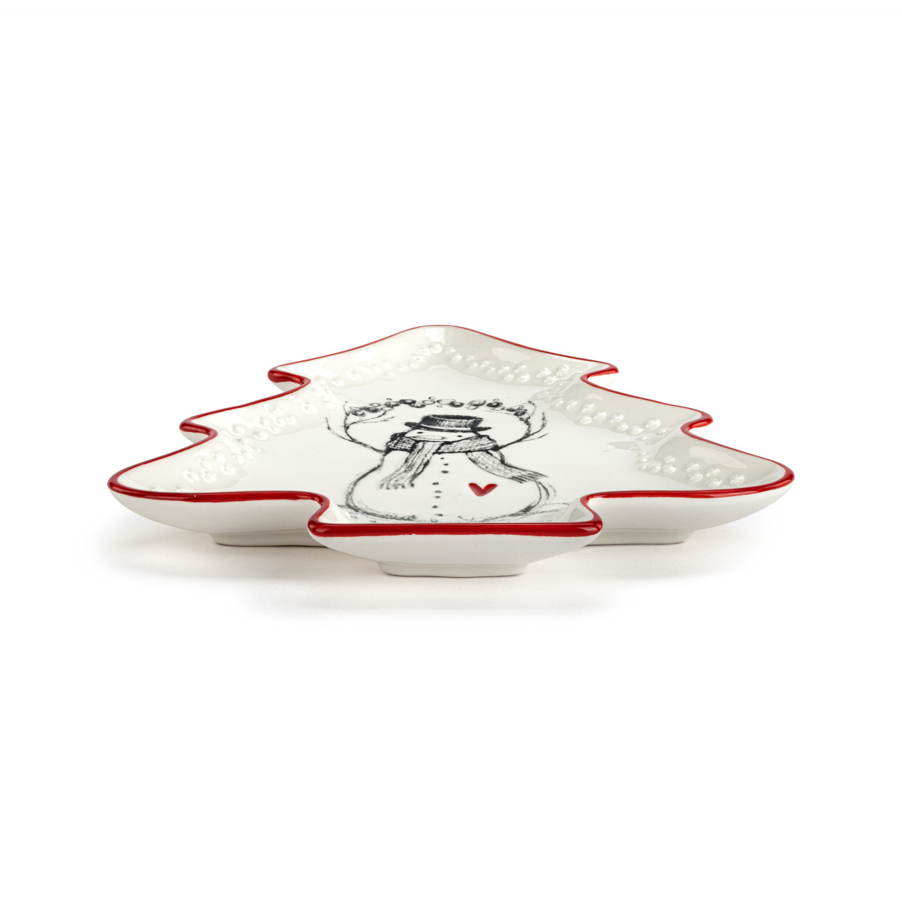 Snowman Red Heart Mini Ceramic Tree Shaped Dish - 7x8in thumbnail