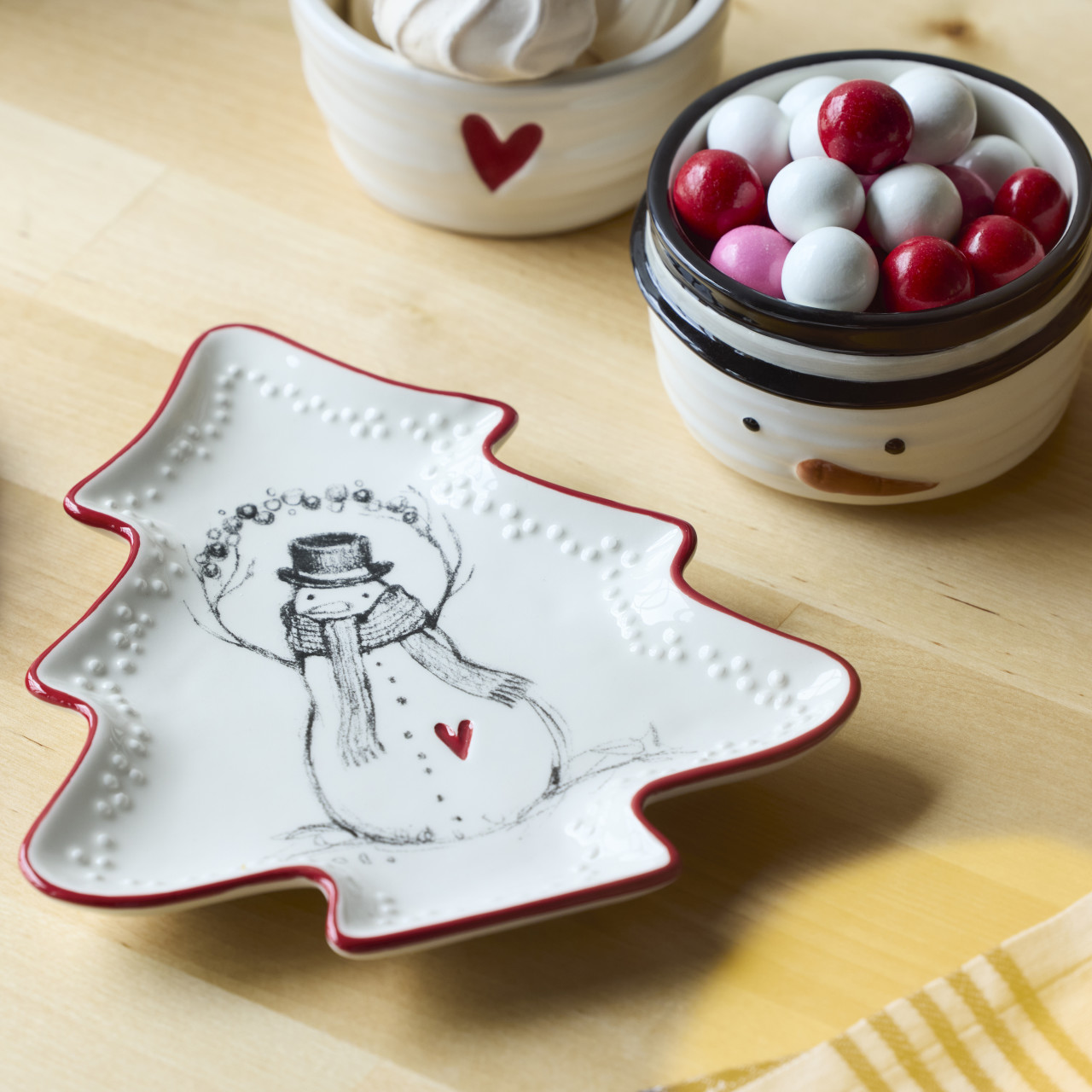 Snowman Red Heart Mini Ceramic Tree Shaped Dish - 7x8in thumbnail