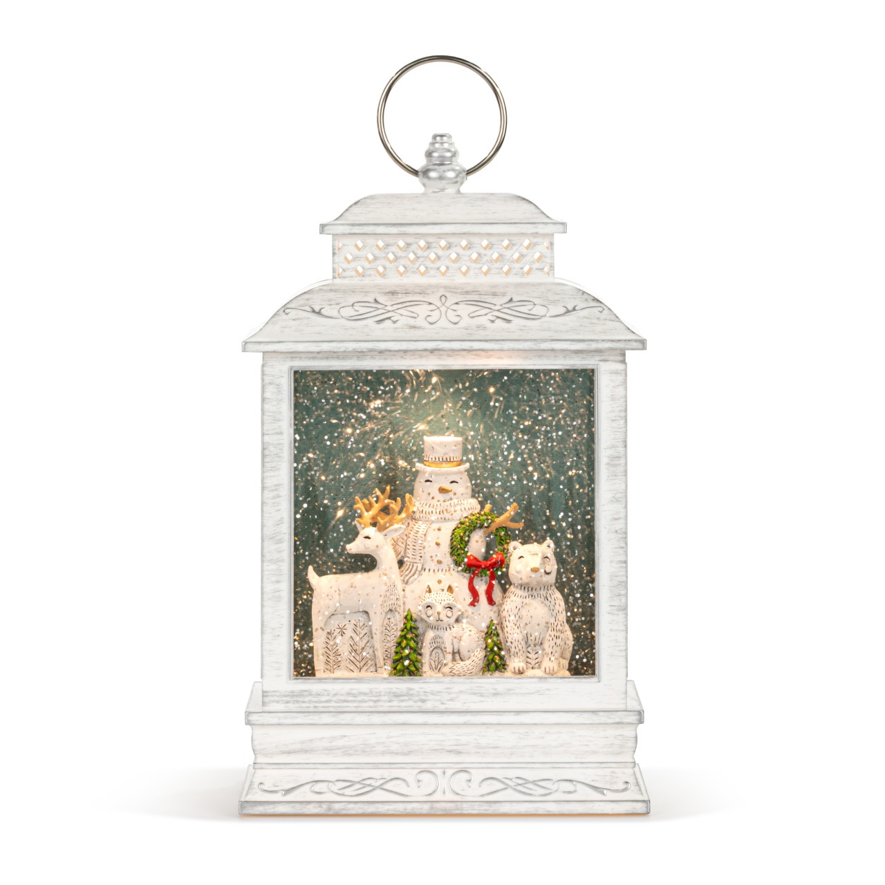 Snowman Winter Scene Lit Musical White USB Snow Globe Lantern - 6.5x10in thumbnail