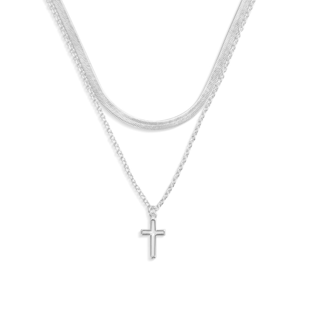 Layered Cross Silver Necklace 18in thumbnail