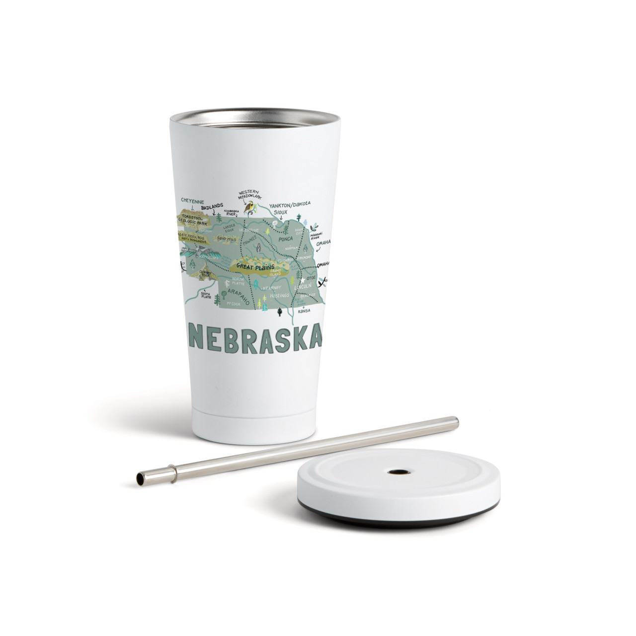 Nebraska State Tumbler wStraw-White 16oz thumbnail
