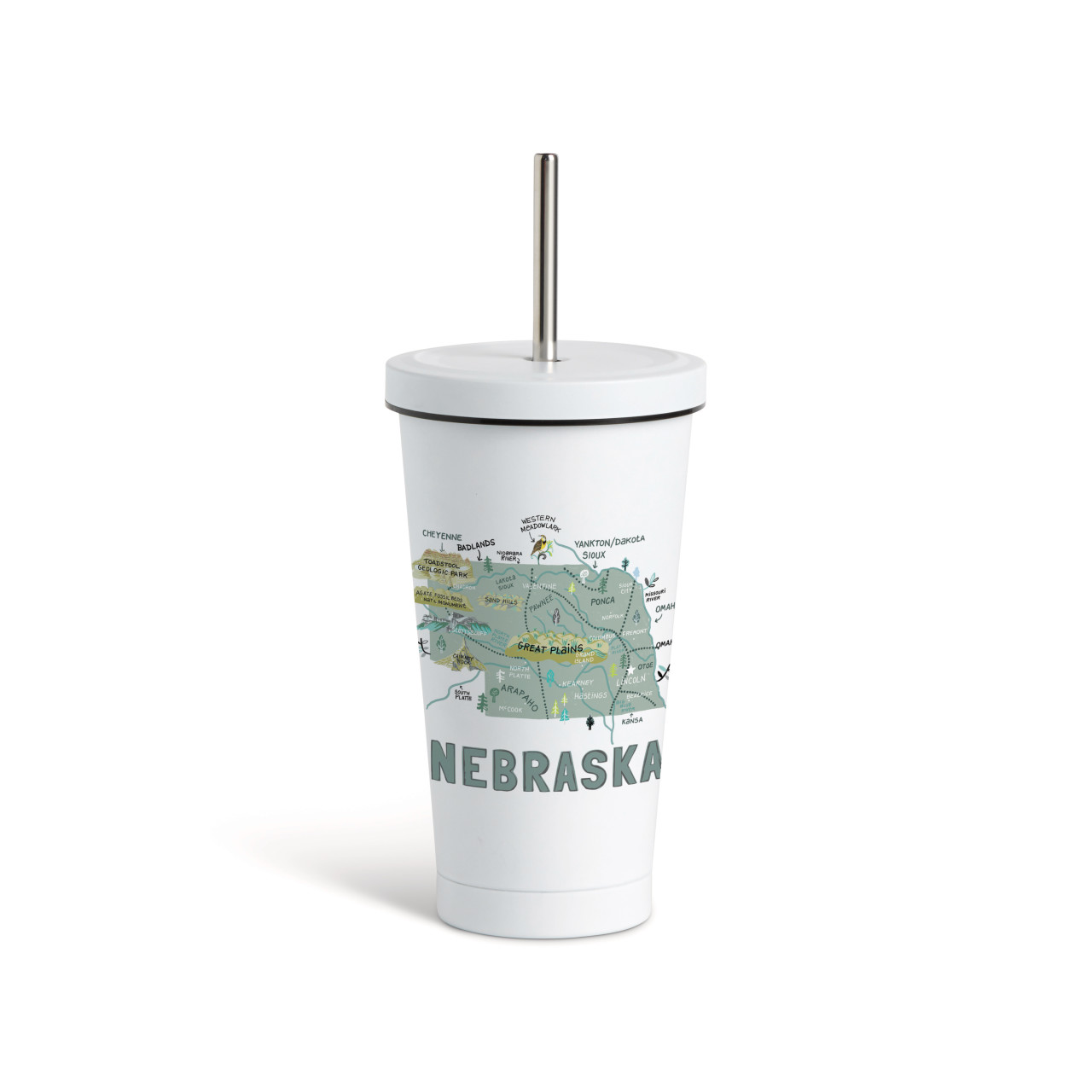 Nebraska State Tumbler wStraw-White 16oz thumbnail