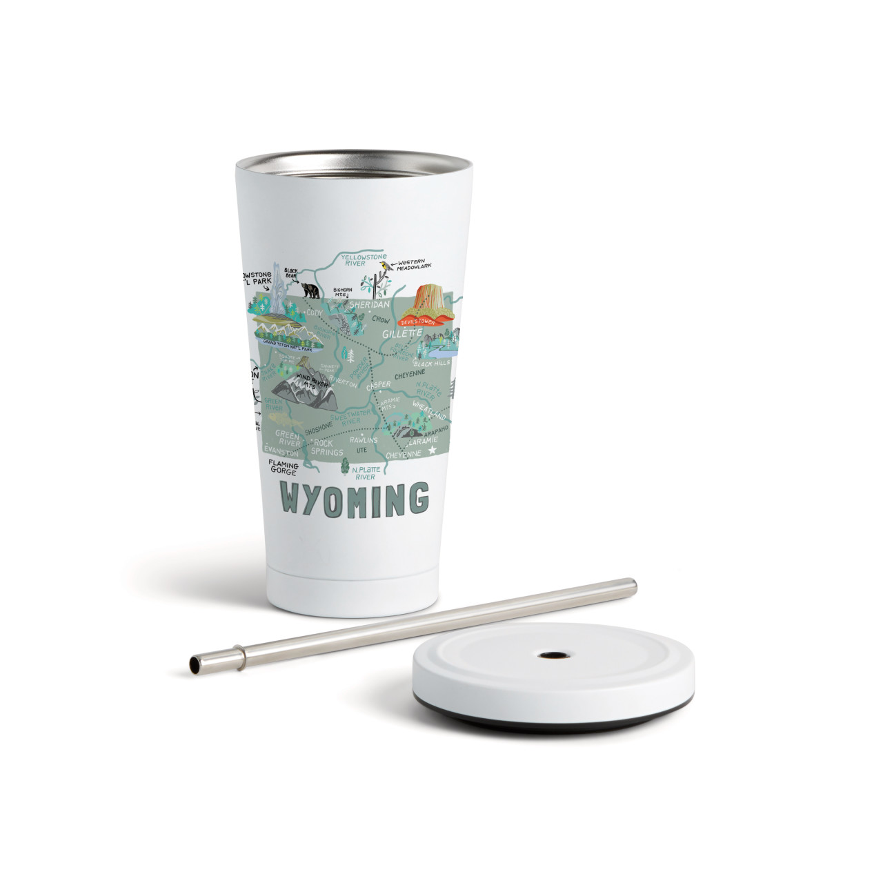 Wyoming State Tumbler wStraw-White 16oz thumbnail
