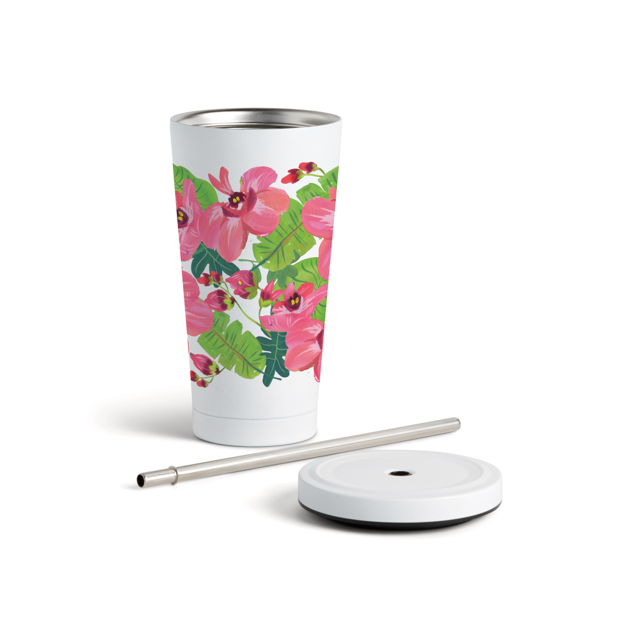 TropicalFloral Tumbler wStraw-White 16oz thumbnail