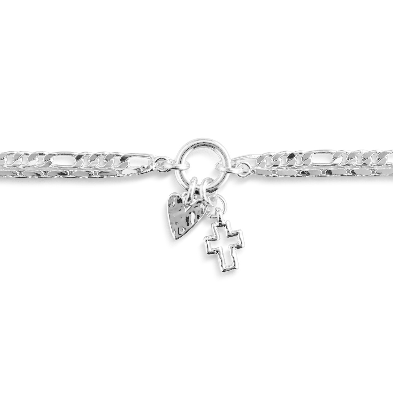Heart + Cross Silver Charm Layered Bracelet 6.5in thumbnail