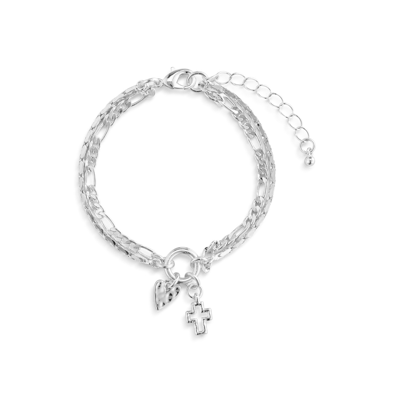 Heart + Cross Silver Charm Layered Bracelet 6.5in thumbnail