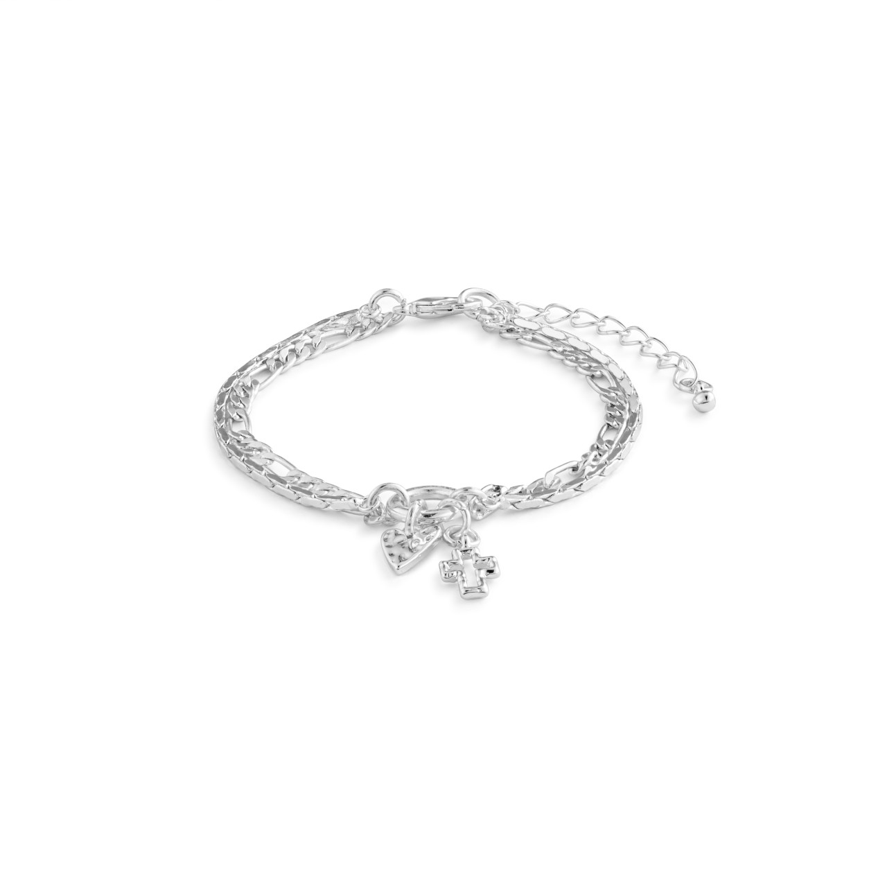 Heart + Cross Silver Charm Layered Bracelet 6.5in thumbnail