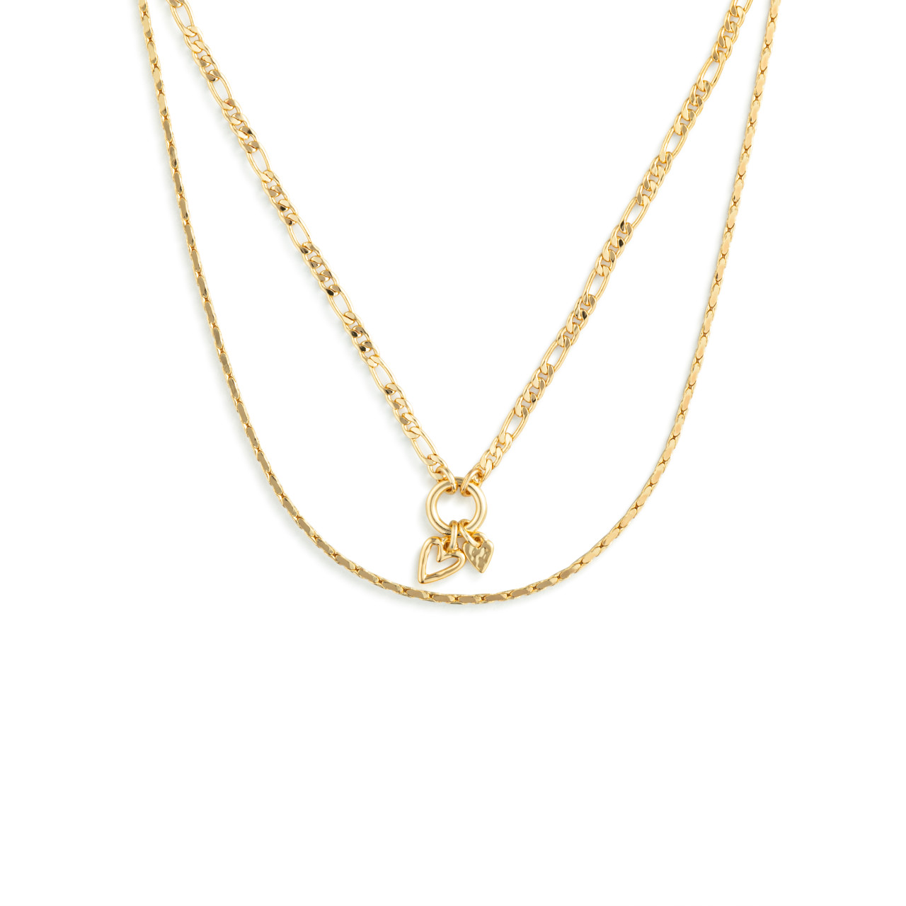 Double Heart Gold Charm Layered Necklace -16in thumbnail