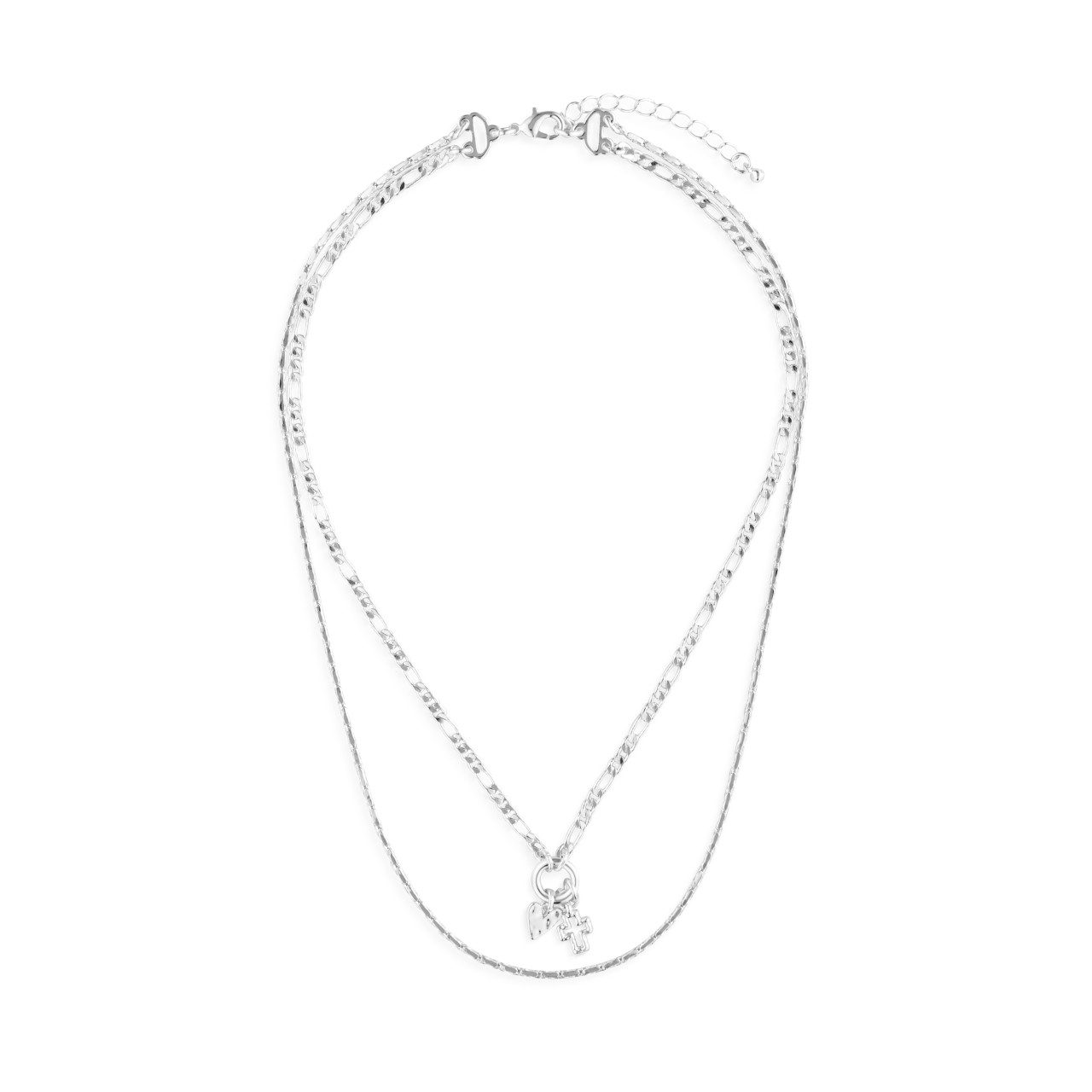 Heart + Cross Silver Charm Layered Necklace - 16in thumbnail