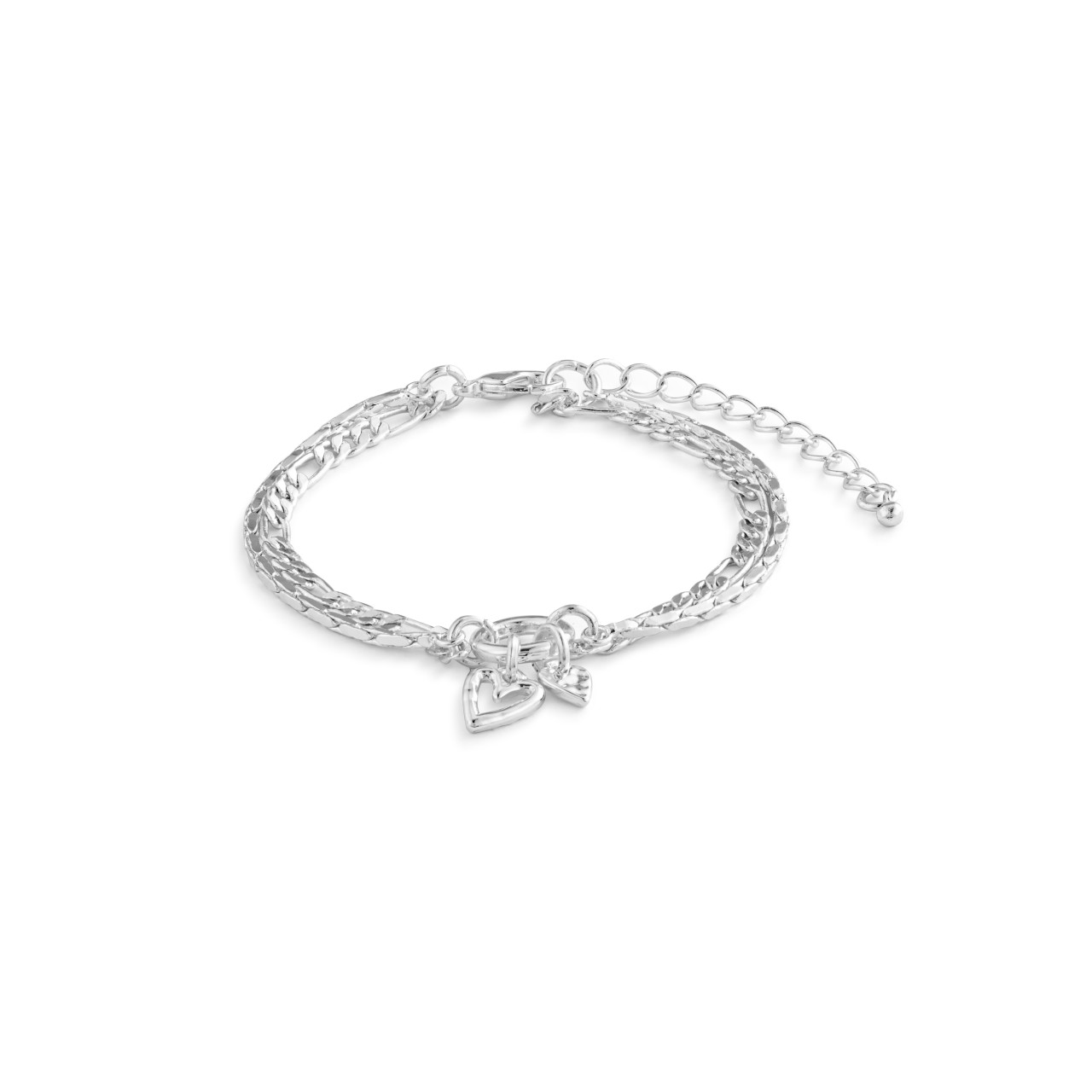Double Heart Silver Charm Layered Bracelet 6.5in thumbnail