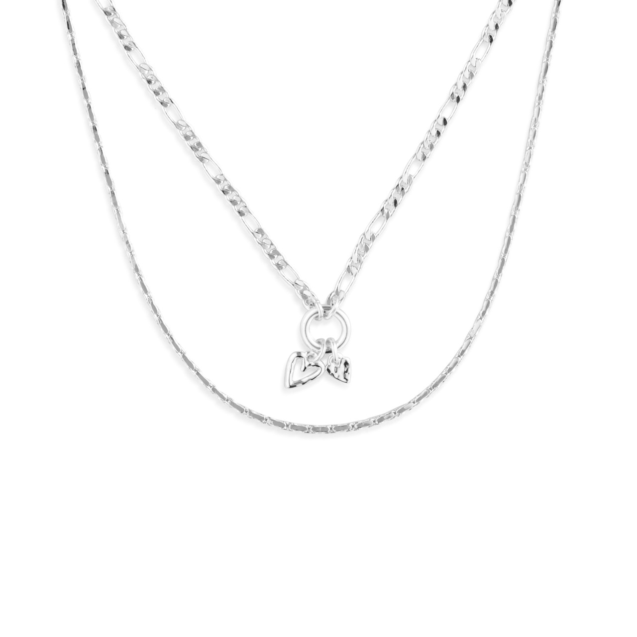 Double Heart Silver Charm Layered Necklace 16in thumbnail