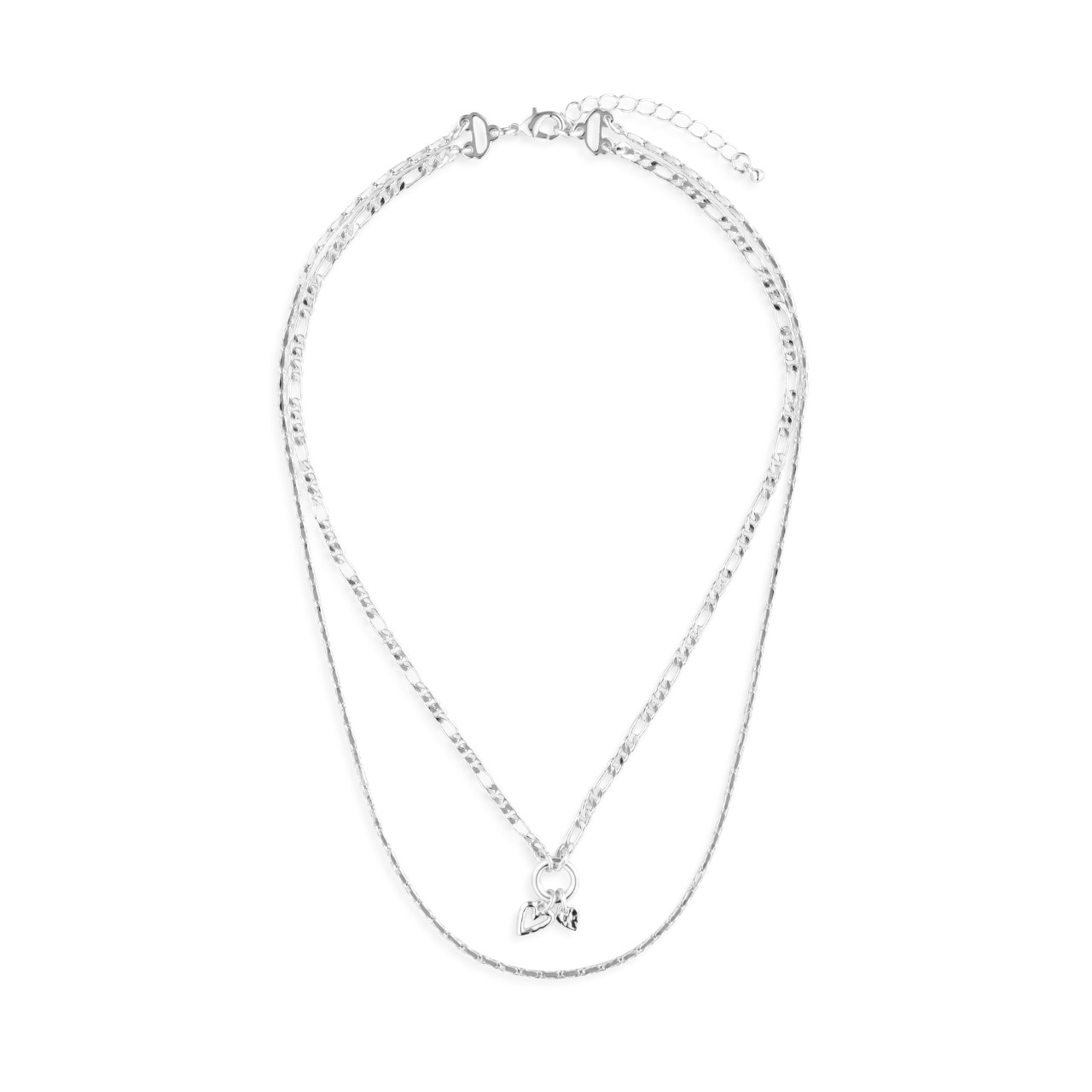 Double Heart Silver Charm Layered Necklace 16in thumbnail