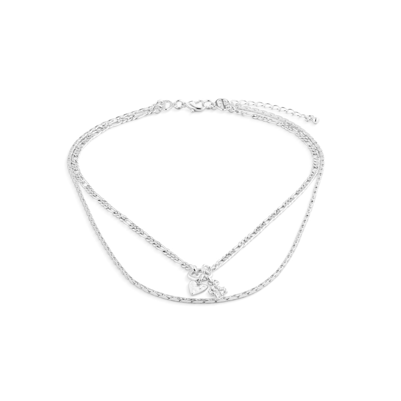 Double Heart Silver Charm Layered Necklace 16in thumbnail