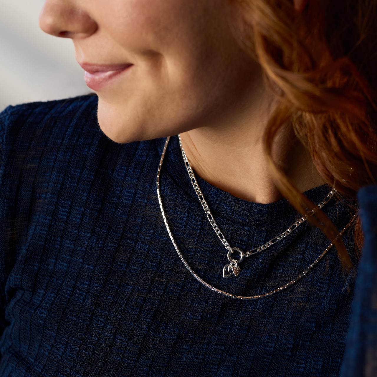 Double Heart Silver Charm Layered Necklace 16in thumbnail