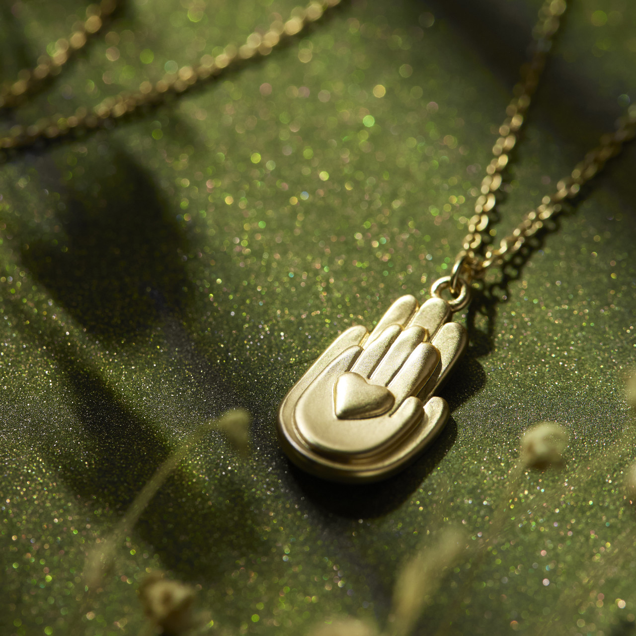 Gold Two Hands and Heart Necklace - 16in thumbnail