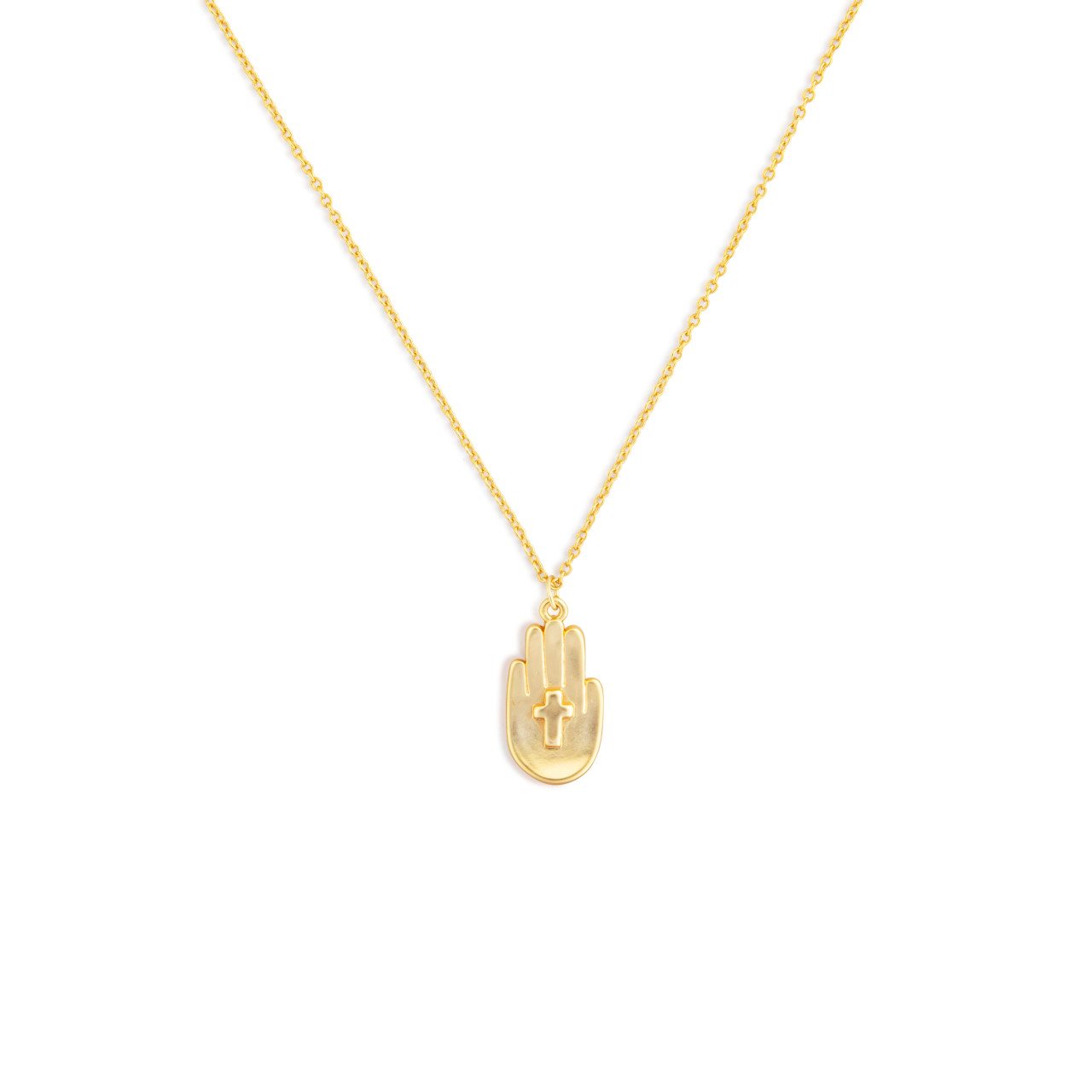 Gold Hand and Cross Necklace - 16in thumbnail