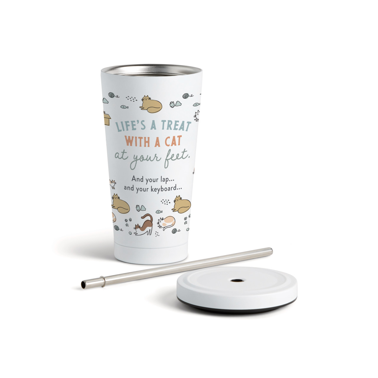 Life's a Treat Cat Tumbler with Straw - White 16oz thumbnail