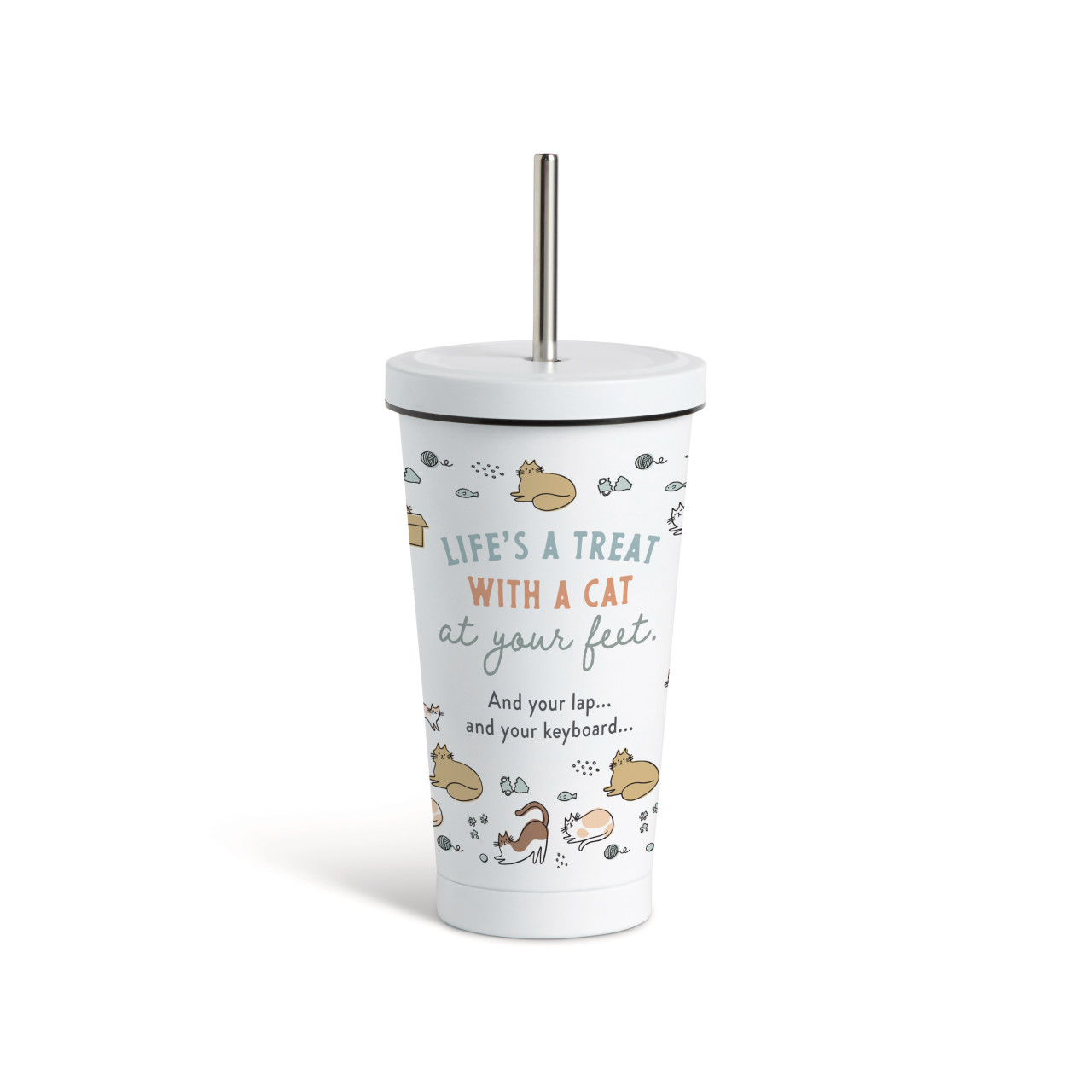 Life's a Treat Cat Tumbler with Straw - White 16oz thumbnail