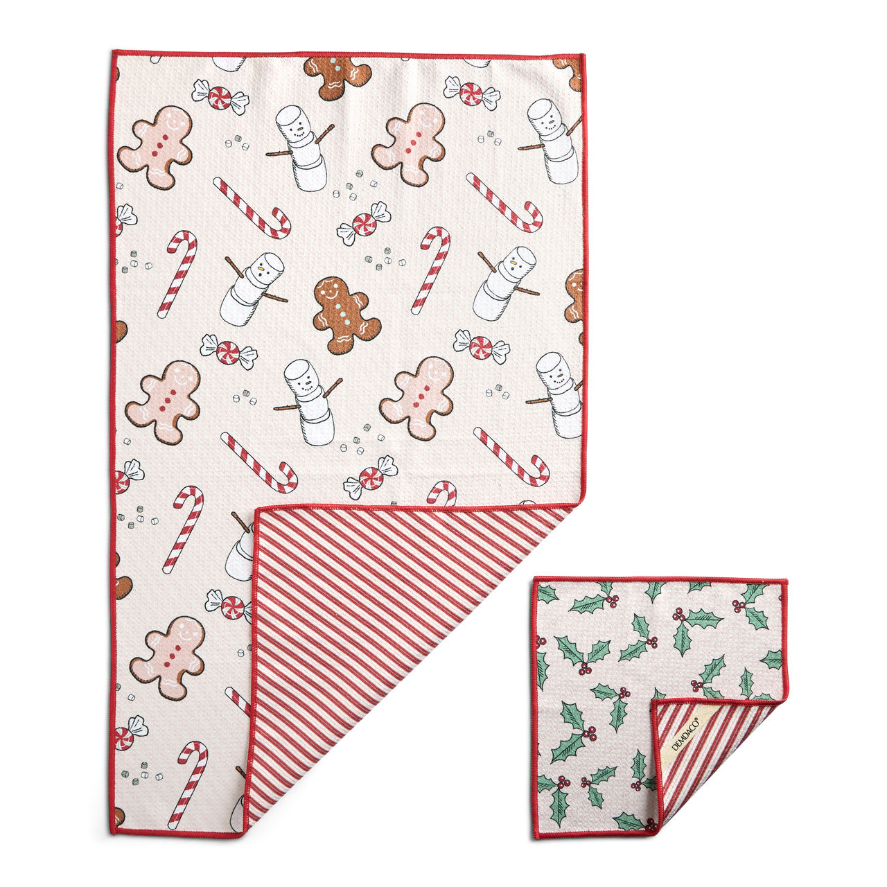 Pink and Red Holly and Stripe Absorbent Towel & Dish Cloth Set thumbnail