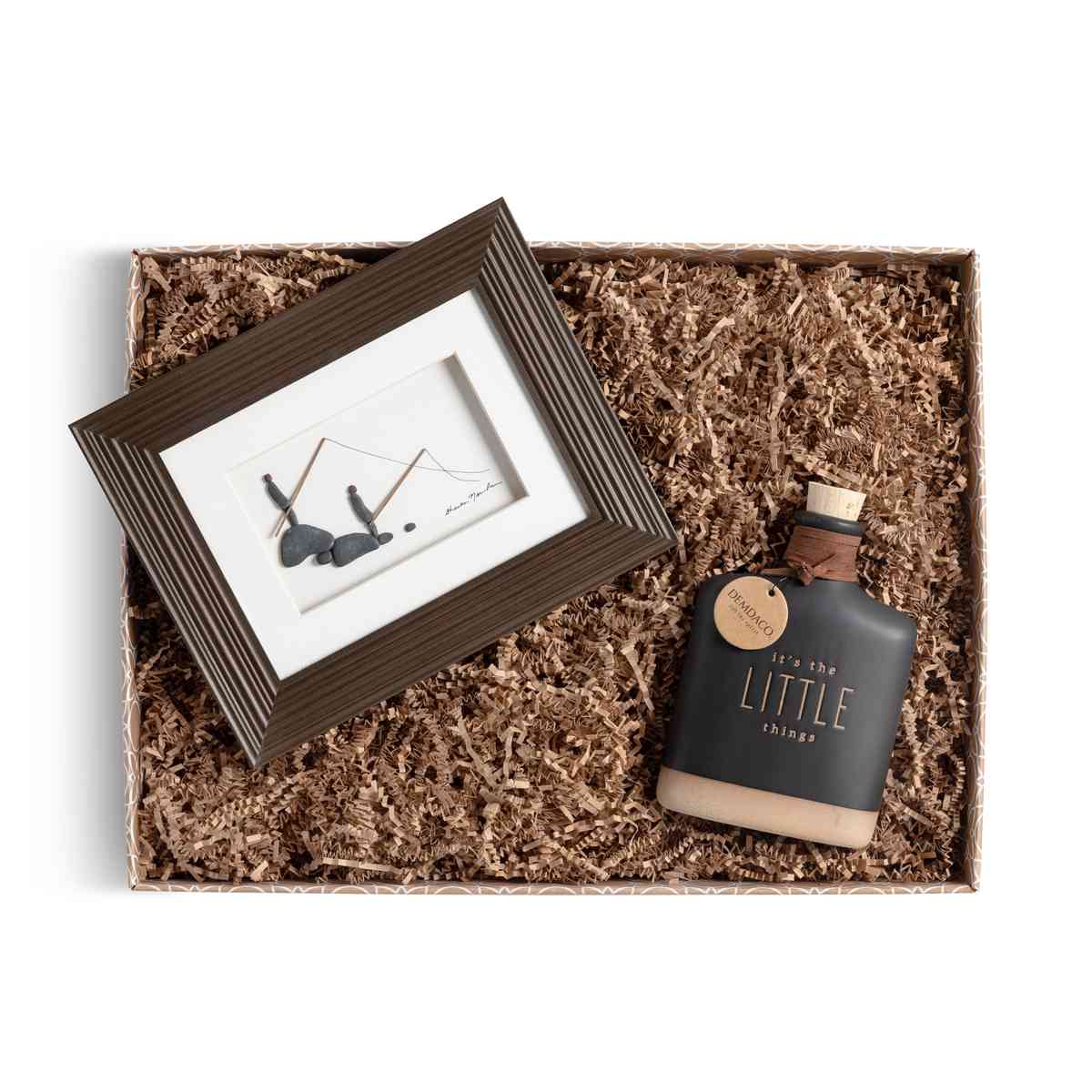 time well spent gift box that includes flask and framed pebble art of father and son fishing