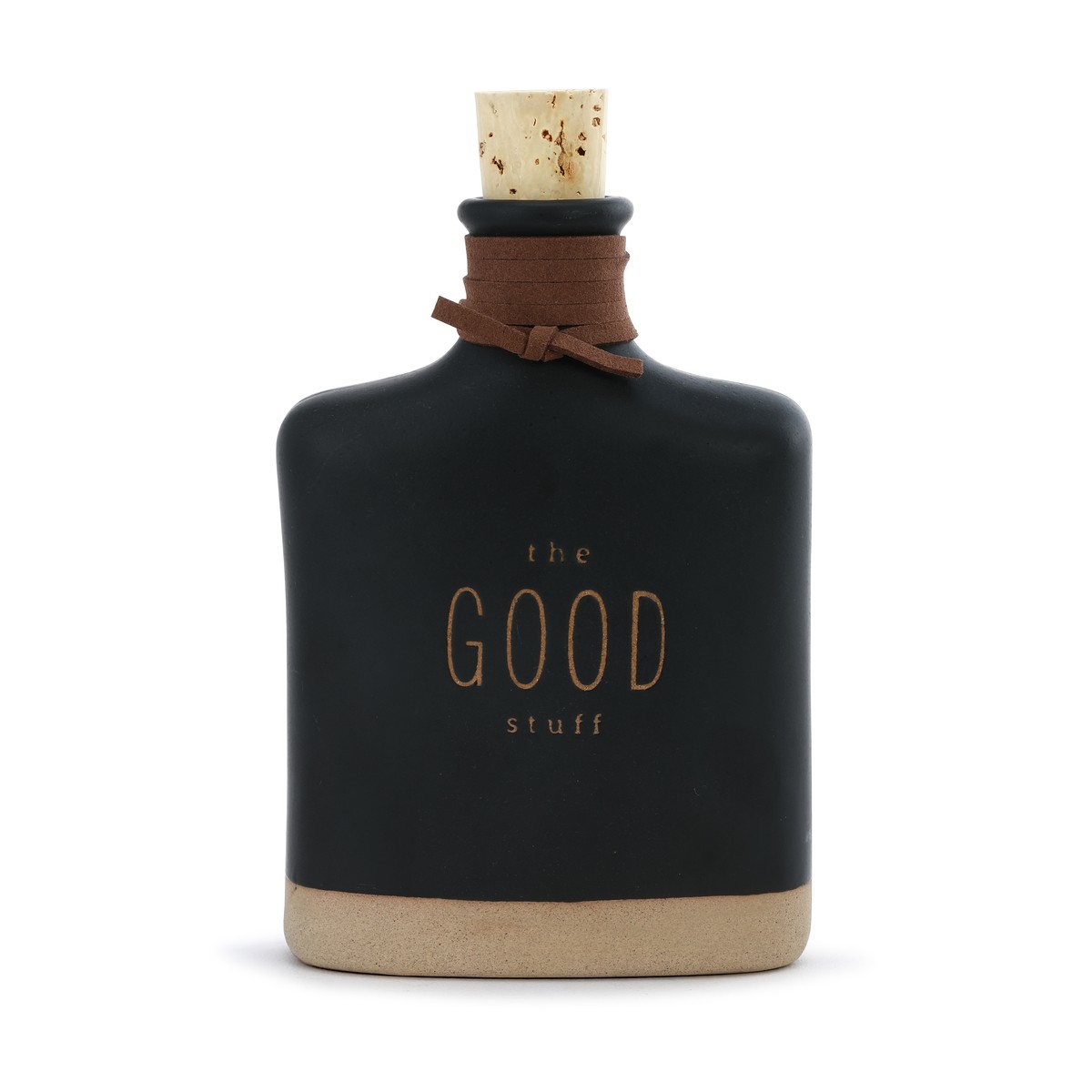 ceramic black flask that says the good stuff