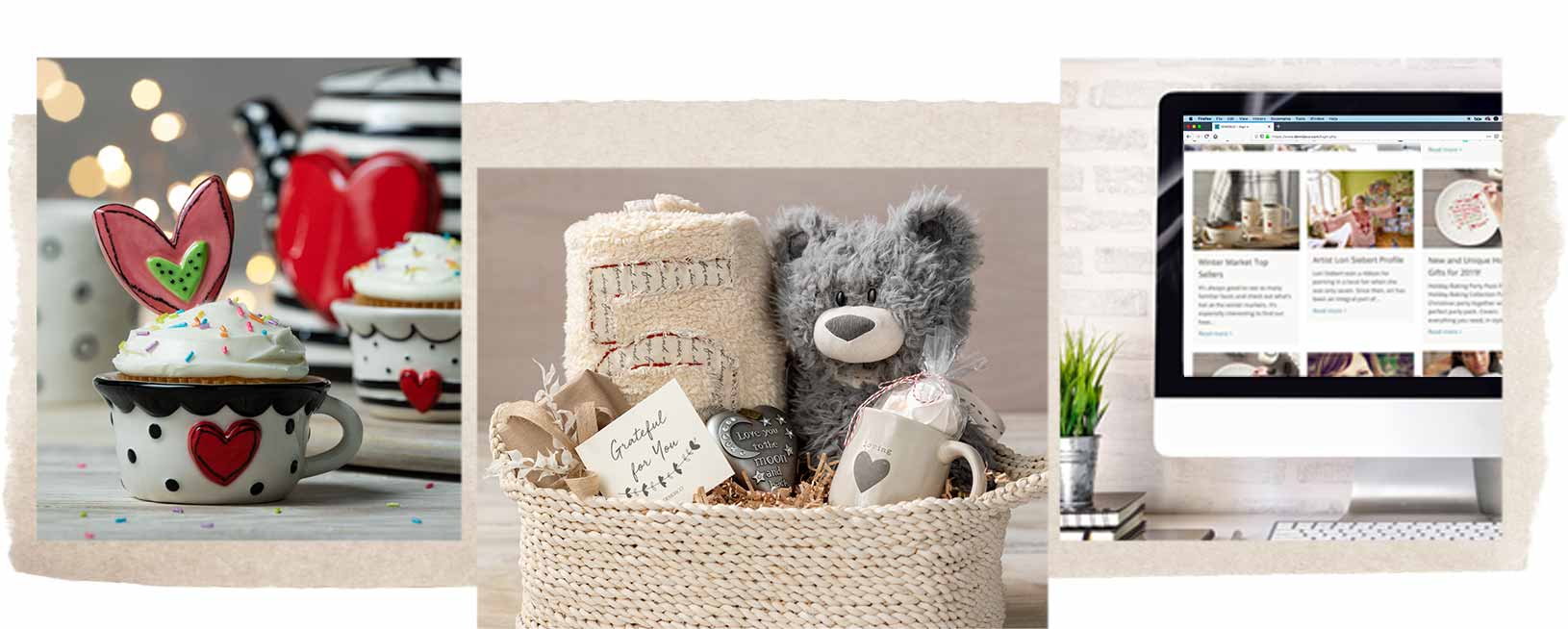 val-success-kit-banner.jpg Cupcake in a black and white dish with a red heart. Stuffed teddy bear, blanket, mug, and candy in a gift basket. Computer screen showing website.