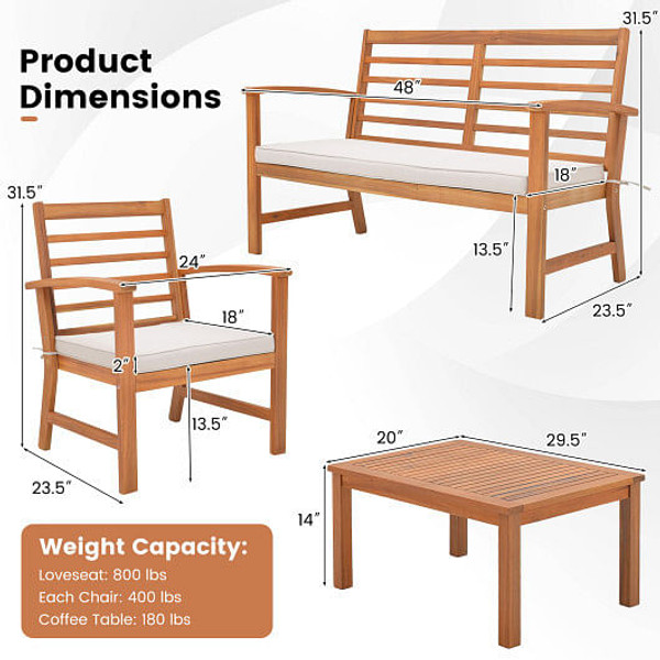 4 Pieces Outdoor Furniture Set with Stable Acacia Wood Frame-Beige - Color: Beige