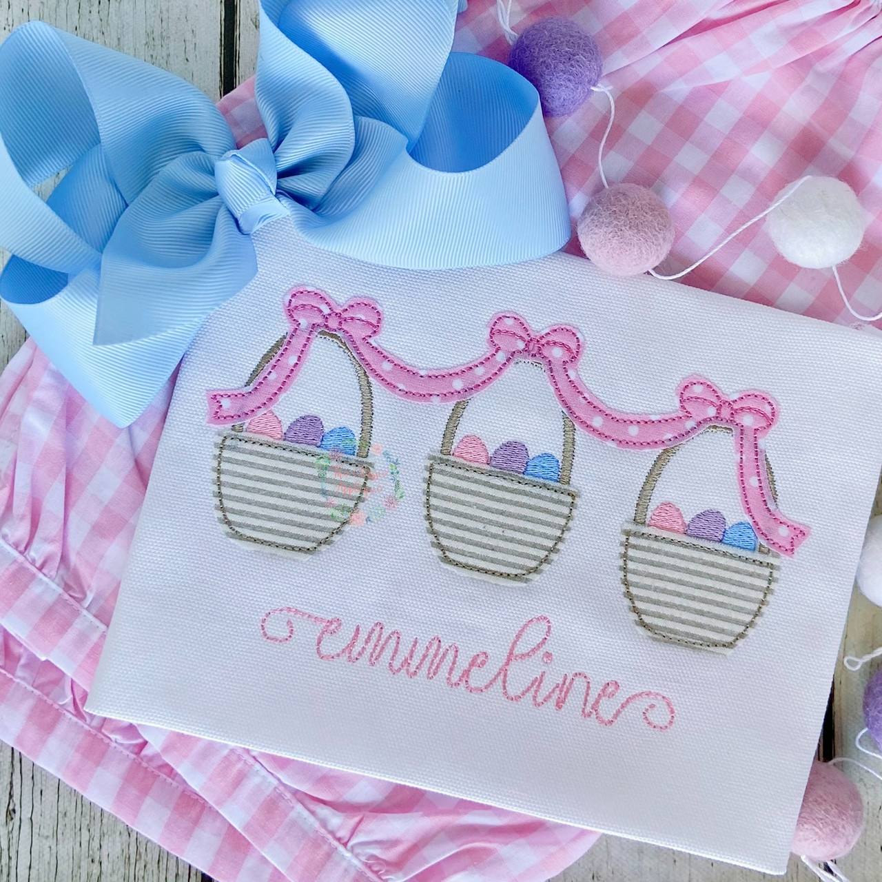 Easter basket trio with bows bean stitch applique machine embroidery ...