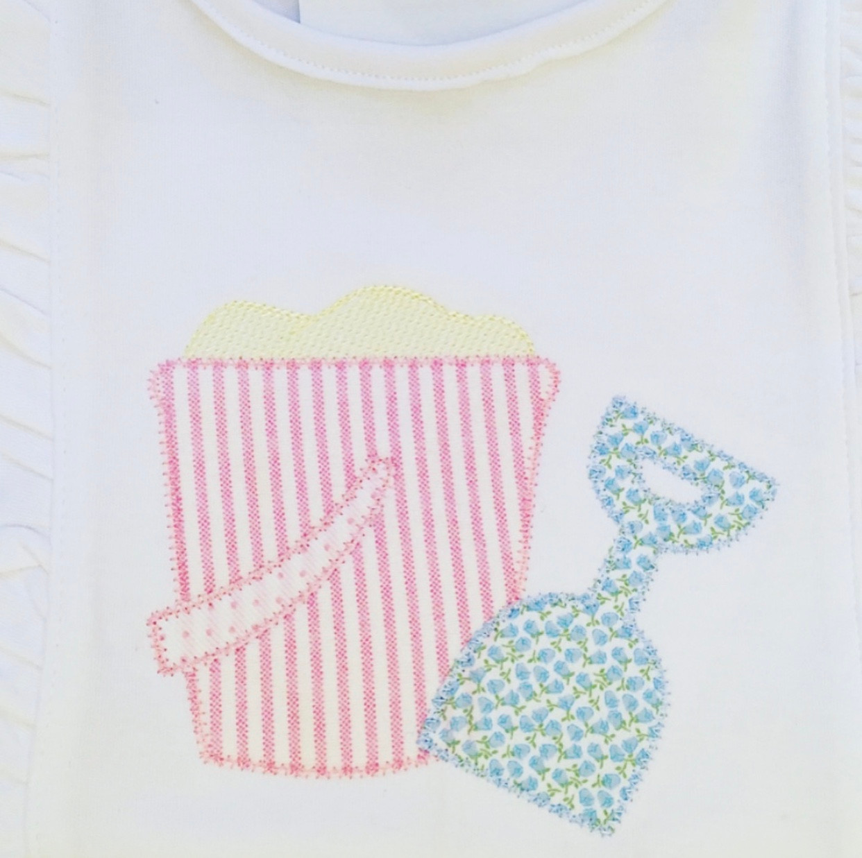 Summer and beach sand pail bucket and sea shovel with vintage stitch