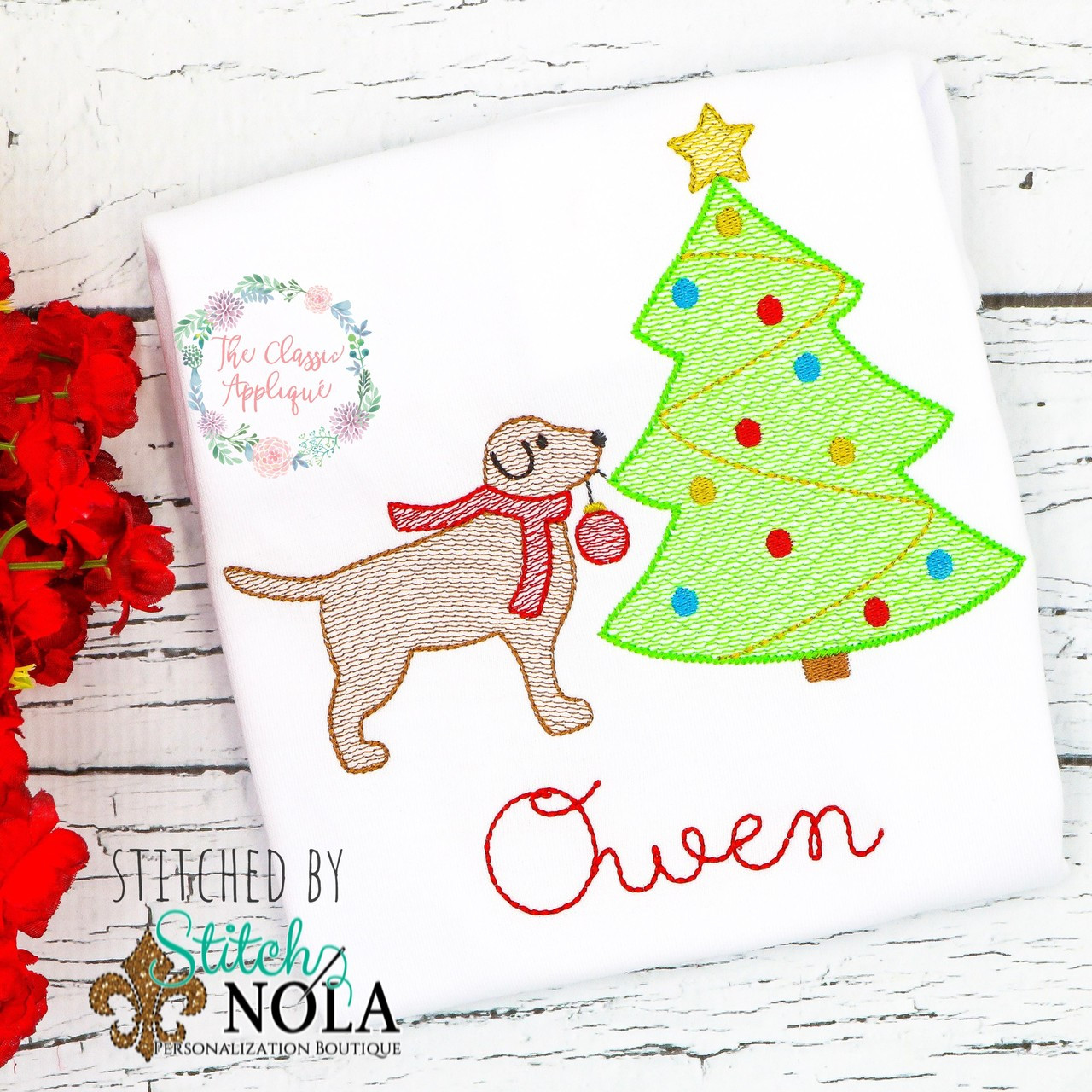 Dog Decorating Christmas Tree Sketch Fill Embroidery Design