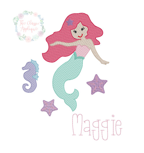 Mermaid with seahorse sketch fill trio