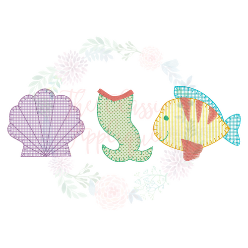 Seashell, mermaid tail, fish blanket stitch applique trio