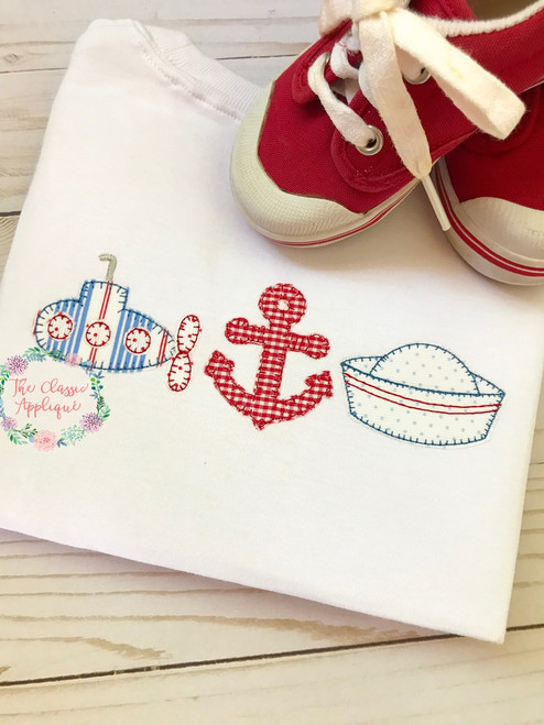 Submarine, Anchor, and Sailor hat blanket stitch applique trio
