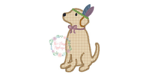 Dog with bow and feather headdress zig zag applique Dog with bow and feather headdress zig zag applique