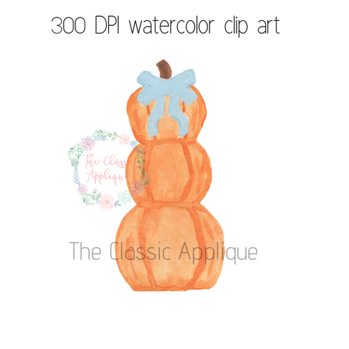 Watercolor Pumpkin Stack with Blue Bow