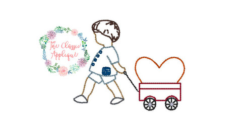 Boy pulling wagon with heart vintage stitch Boy pulling wagon with heart vintage stitch