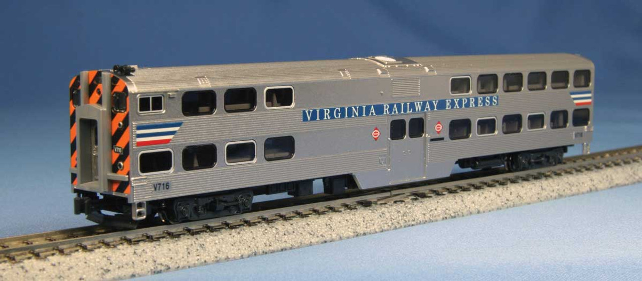 Streamlined Nippon-Sharyo Gallery Bi-Level Commuter Cab Coach - Ready to Run -- Virginia Railway Express #V716 (silver, blue, re