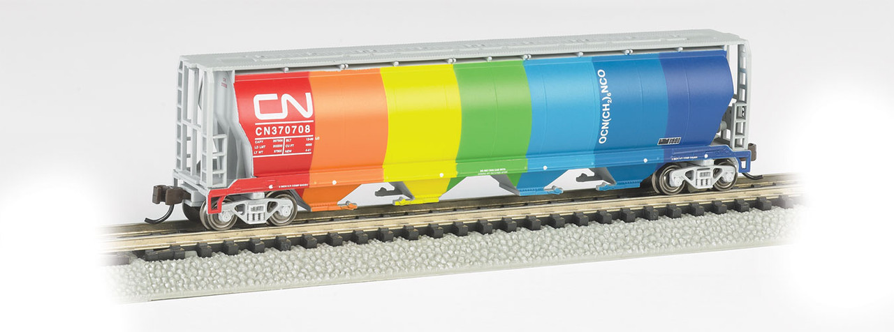 Canadian Cylindrical 4-Bay Grain Hopper - Ready to Run - Silver Series(R) -- Canadian National (Demonstrator, Rainbow Colors on 