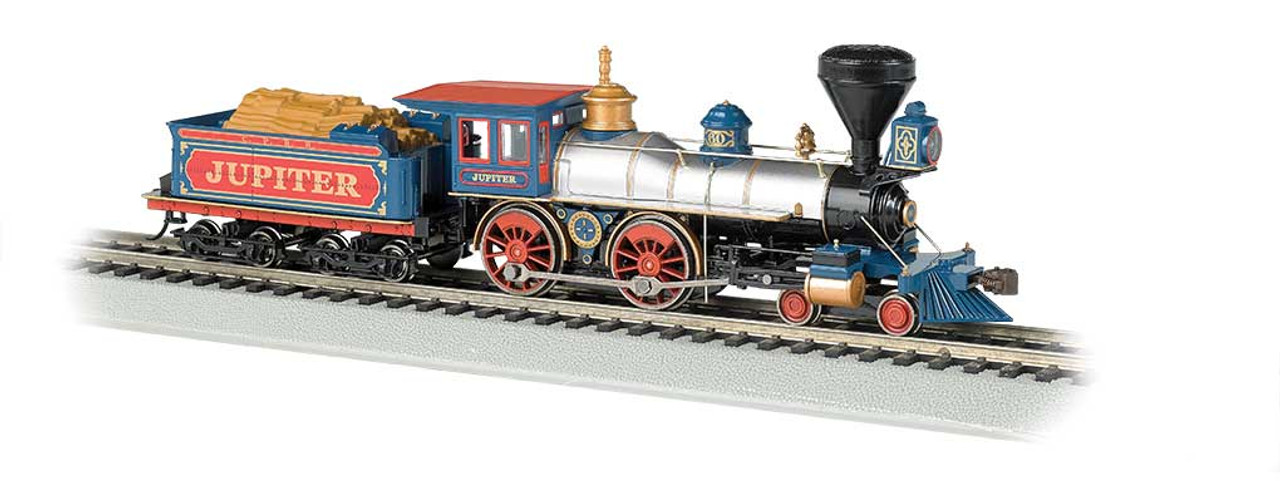 4-4-0 w/Wood Tender Load - Standard DC -- Central Pacific &quot;Jupiter&quot; (silver, black, blue, red)