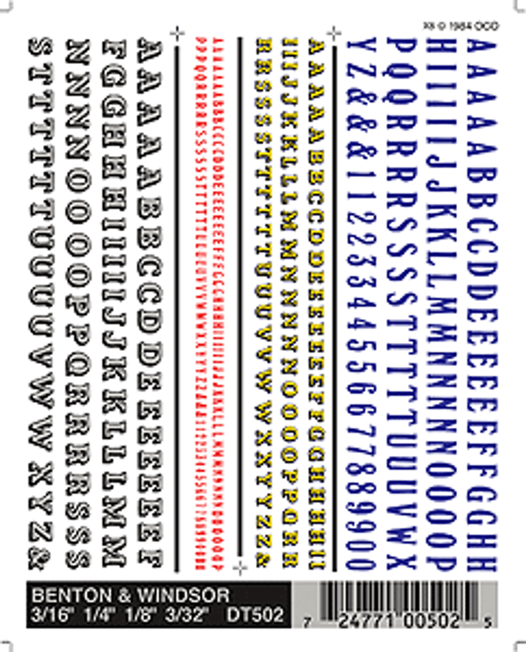 Dry Transfer Alphabet & Number Sets -- Betton & Windsor Type Faces (blue, yellow, white w/black shadow)