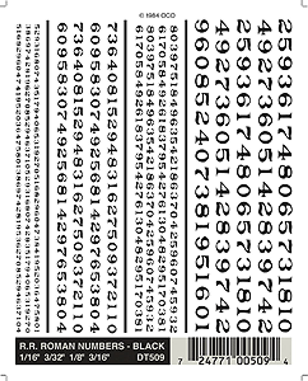 Dry Transfer Alphabet & Number Sets -- Railroad Roman Type Face - Numbers Only (black)